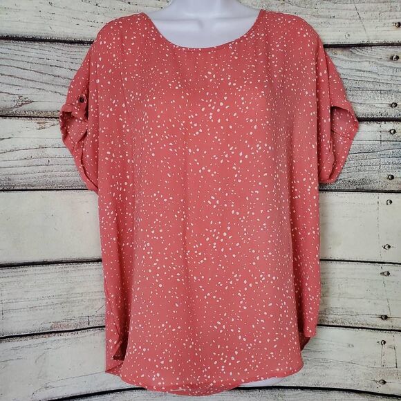 Maurices Women’s Blouse L Coral White Polka Dot Short Sleeve Zip Back Top - Picture 1 of 9